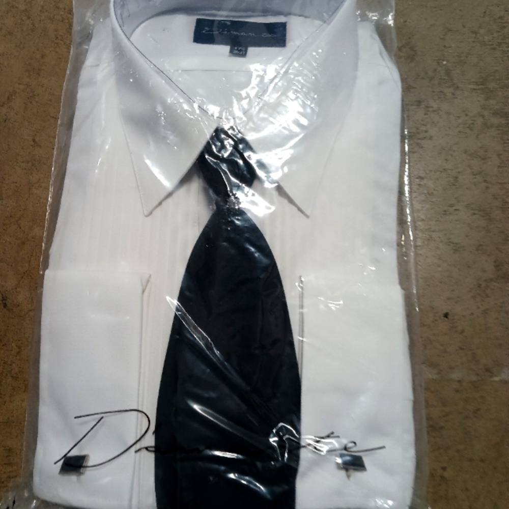 White Tuxedo Dress Shirt with Black Tie Size 17.5x36/37